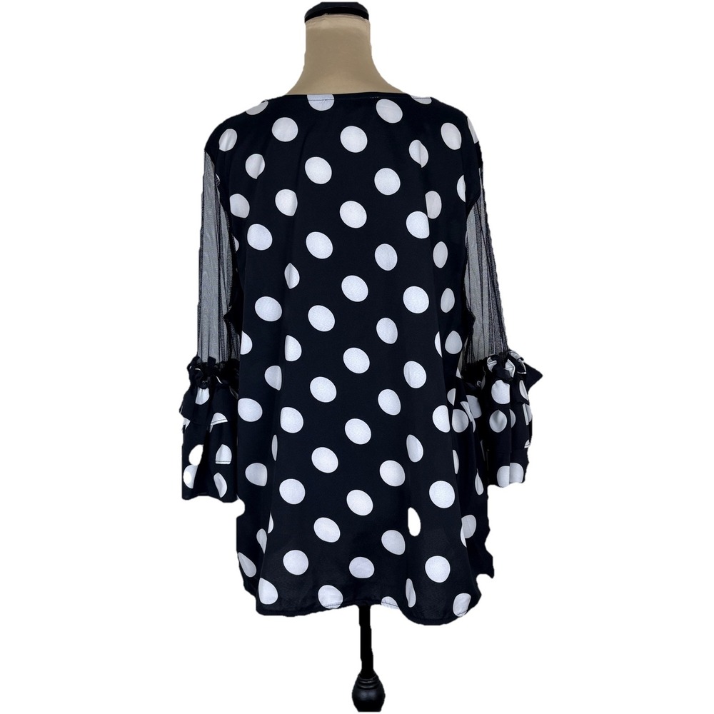 Womens‎ Polka Dot Blouse Black White 1X Sheer Mesh Ruffle Sleeve Feminine - Picture 2 of 16